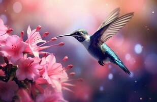 ai gerado uma azul pássaro vôo entre vermelho e branco flores foto