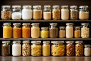 ai gerado abastecido cozinha despensa com Comida. a organização e armazenamento dentro uma cozinha dentro containers. generativo ai foto