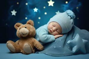 ai gerado bebê dormindo com uma Urso dormindo com estrelas foto