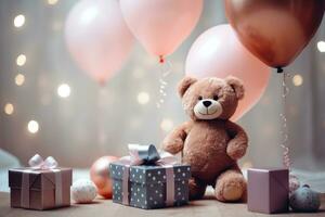 ai gerado aniversário com uma Urso segurando presente e balões foto