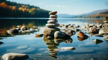 ai gerado pedra monte de pedras conjunto em a certo lado contra uma mar borrão fundo, uma torre do pedras, simples equilíbrio pedras simplicidade, harmonia, e equilíbrio, uma sereno Rocha zen cena, costeiro meditação foto