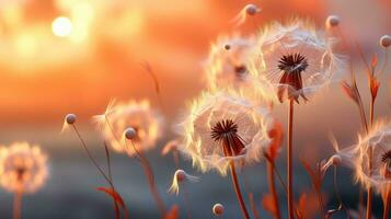 ai gerado fechar-se do uma dente de leão dentro cheio flor com suave pêssego penugem arredores, delicado, e vibrante natureza, capturando a essência do verão, gerado por IA foto