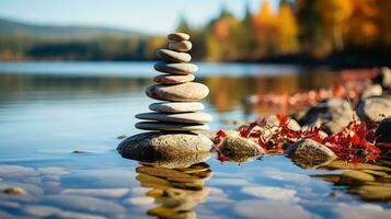 ai gerado pedra monte de pedras conjunto em a certo lado contra uma mar borrão fundo, uma torre do pedras, simples equilíbrio pedras simplicidade, harmonia, e equilíbrio, uma sereno Rocha zen cena, costeiro meditação foto