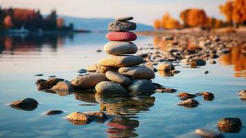 ai gerado pedra monte de pedras conjunto em a certo lado contra uma mar borrão fundo, uma torre do pedras, simples equilíbrio pedras simplicidade, harmonia, e equilíbrio, uma sereno Rocha zen cena, costeiro meditação foto