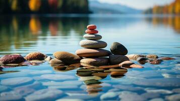 ai gerado pedra monte de pedras conjunto em a certo lado contra uma mar borrão fundo, uma torre do pedras, simples equilíbrio pedras simplicidade, harmonia, e equilíbrio, uma sereno Rocha zen cena, costeiro meditação foto