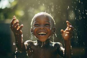 ai gerado retrato do uma feliz africano americano Garoto dentro uma água fonte, a africano criança Atenciosamente regozija-se dentro toque água, ai gerado foto