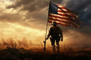 ai gerado americano exército soldado com bandeira, a americano soldado em pé dentro uma campo de batalha com a americano bandeira dentro dele mão, ai gerado foto