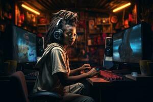 ai gerado africano americano jogador jogando computador jogos dentro a Sombrio sala, africano menina jogando profissional videogames com fones de ouvido, ai gerado foto