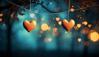 ai gerado suspensão coração em forma corações em corda com azul árvores dentro a fundo foto