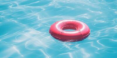 ai gerado vermelho inflável nadar anel flutuando dentro a azul piscina foto
