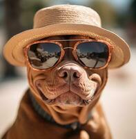 ai gerado uma Cova touro cachorro vestindo oculos de sol com uma chapéu foto