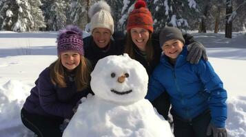 ai gerado família trabalho em equipe, construção uma boneco de neve, sorrisos, e a Magia do Nevado união foto