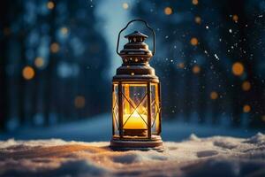 ai gerado queimando brilhando lanterna dentro inverno neve lindo inverno fundo ai gerado foto