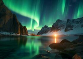 ai gerado aurora boreal dentro lofoten ilhas Noruega aurora norte luzes estrelado céu foto