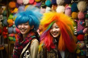 ai gerado dois colorida mulheres com vibrante cabelo cores foto