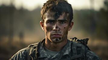 ai gerado retrato do uma soldado dentro uma guerra foto