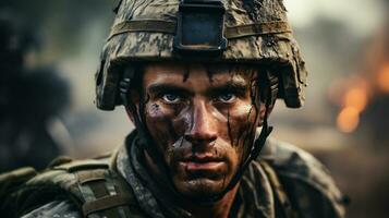ai gerado retrato do uma soldado dentro uma guerra foto