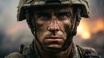 ai gerado retrato do uma soldado dentro uma guerra foto