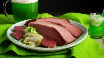 ai gerado st. patricks dia, tradicional guloseimas e bebidas, verde cerveja, enlatado carne e repolho foto