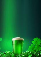 ai gerado vertical bandeira, st. patricks dia, tradicional guloseimas e bebidas, verde Cerveja dentro uma vidro caneca, uma Lugar, colocar para texto foto