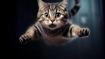 ai gerado realidade foto do fofa vôo gatos. foto do uma fofa gato pulando dentro a ar