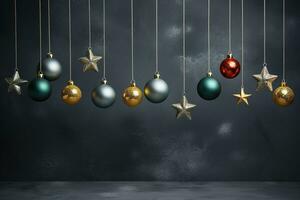 ai gerado Novo ano Natal decoração bolas e estrelas suspensão em uma cinzento fundo foto