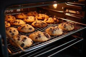 ai gerado saboroso caseiro biscoitos com chocolate lasca cozimento dentro a forno foto