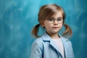 ai gerado retrato do uma jovem sério Loiras menina dentro uma luz azul médico roupão em uma azul fundo foto