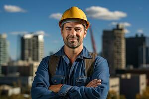 ai gerado retrato do uma sorridente meio envelhecido construtor dentro uma amarelo Difícil chapéu em uma borrado cidade fundo foto