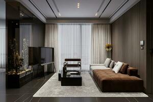 elegante casa interiores com moderno e exclusivo mobília e, uma inteligente televisão em pé de a janela. foto