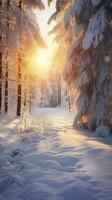 ai gerado uma Nevado floresta adornado com espumante neve, banhado dentro a □ Gentil brilho do Sol raios. foto