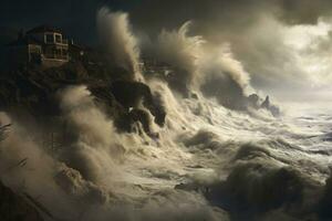 ai gerado drama do uma trovoada e tempestade ao longo a costa, poder do natureza com dramático clima, turbulento ondas foto