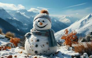 ai gerado Natal desenho animado azul céu em uma nebuloso branco montanha cercado de Nevado árvores inverno clima foto