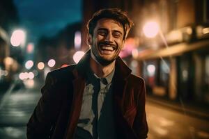 ai gerado uma feliz jovem homem rindo e sorridente em uma rua às noite foto