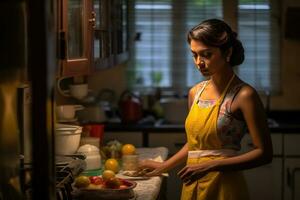 ai gerado uma mulher dentro uma cozinha preparando Comida foto