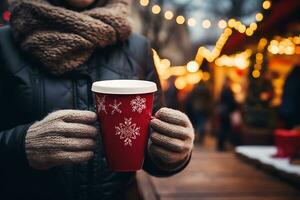 ai gerado uma homem dentro uma jaqueta, cachecol e tricotado luvas detém uma vermelho caneca com uma quente beber dentro dele mãos. Natal mercado atmosfera foto