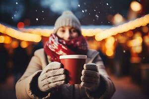 ai gerado uma jovem mulher dentro inverno roupas e luvas detém uma vermelho caneca com uma quente beber dentro dela mãos. Natal mercado atmosfera foto