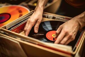 ai gerado uma homem leva uma vinil registro a partir de uma caixa. mãos fechar acima. conceito do ouvindo para música juntos dentro vinil e audio bares foto