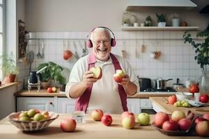 ai gerado uma feliz idosos homem escuta para música em fones de ouvido dentro uma brilhante cozinha Próximo para uma mesa com fresco tomates em isto. a conceito do uma saudável estilo de vida dentro idade adulta foto