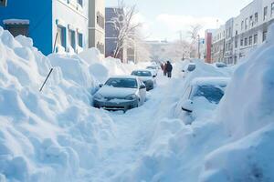 ai gerado carros preso dentro a neve depois de uma tempestade de neve ficar de pé dentro uma linha foto