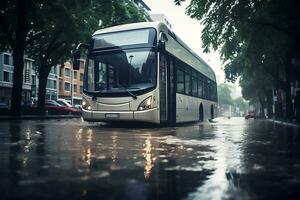 ai gerado uma cidade ônibus drives ao longo uma cidade rua inundado Como uma resultado do uma inundar ou tempestade. foto