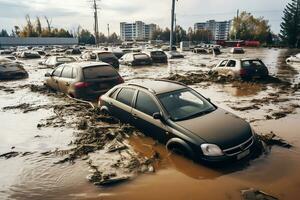 ai gerado Alto água nível em uma cidade rua a partir de uma enchente, depois de uma tempestade ou a avalanche. carros estão inundado. a conceito do natural desastre seguro e vida e propriedade seguro. foto