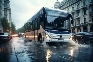 ai gerado uma cidade ônibus drives ao longo uma cidade rua inundado Como uma resultado do uma inundar ou tempestade. foto