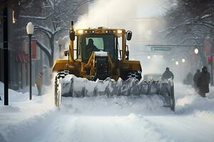 ai gerado neve remoção equipamento limpa estradas do neve depois de uma neve tempestade foto