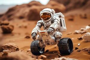 ai gerado uma humanóide robô em rodas explora a superfície do a planeta Marte foto