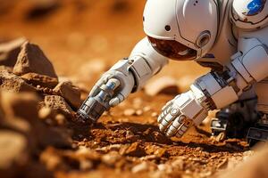 ai gerado uma humanóide robô leva solo amostras em a planeta Marte foto