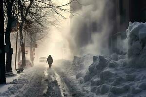ai gerado neve tempestade e montes de neve dentro a cidade. perigoso clima condições foto