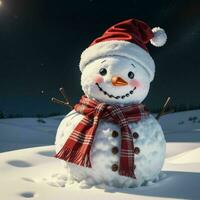 uma boneco de neve vestindo uma santa claus topo dentro a meio do a neve foto