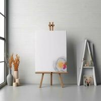 ai gerado branco tela de pintura para brincar com borrado tijolo parede quarto interior foto