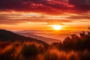 ai gerado a Sol conjuntos sobre uma montanha alcance foto